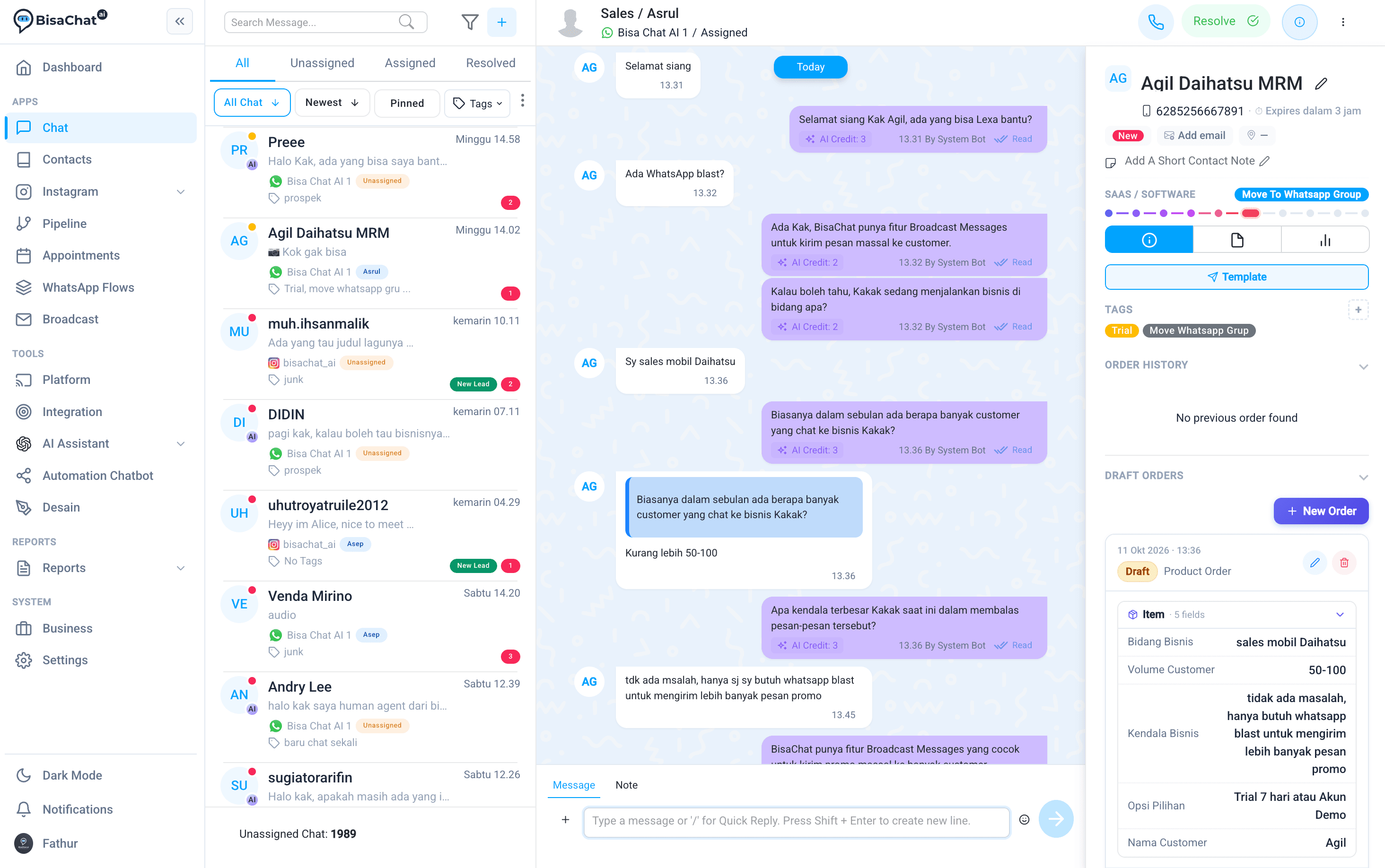 Omnichannel inbox BisaChat AI dengan AI aktif, profil kontak, dan draft order